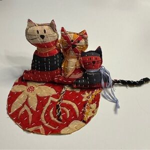 Handcrafted Kantha Cat Family Folk Art Decor Set with 7” Kantha “Rug”